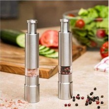 Cekar Store Paslanmaz Çelik Tek Elle Kullanılabilir Biber ve Tuz Değirmeni – Push Button Mekanizma, Ayarlanabilir Öğütme, Şeffaf Hazne, Dayanıklı Metal Gövde | MG600A
