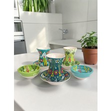 Artistic Quality Dekoratif 3 Kişilik Lale Çini Tasarımlı Tamamen El Yapımı Çay Bardağı Seti ve Çerezlik