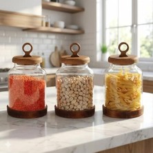 Cekar Store Amberhaus 3'lü Ring Serisi Akasya Kapaklı ve Tabanlı Borosilikat Cam Kavanoz Seti - 1100 ml Vakumlu Bakliyat ve Kurabiye Saklama Kabı (20X11.5 Cm)