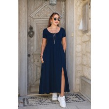 Modenya Kadın Kısa Kollu Yuvarlak Yaka Önden Yırtmaçlı Cepli Viskon Uzun Elbise