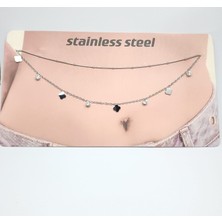 Stainless Steel Gümüş Tonlu Çelik Yonca ve Taş Detaylı Bel Zinciri