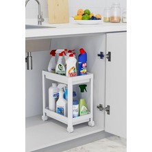 Cekar Store 2 Katlı Tekerlekli Düzenleyici Raf Mutfak Tezgah & Evye Altı Dolap Içi Organizer, Banyo Deterjanlık ve Şampuanlık, Çok Amaçlı Taşınabilir Sebzelik, Modern Dekoratif Mutfak Raf Ünitesi (Beyaz)