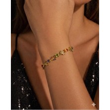 Melisa Takı & Aksesuar 316L Çelik Gold Renk Mix Taşlı Çiçekli Sarmaşık Bileklik 20,5cm