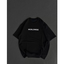 Modenya Unisex Bisiklet Yaka Baskılı Oversize T-Shirt - Siyah