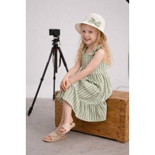 Erzani Kids Kız Çocuk Çizgili Askılı Pamuklu Yazlık Elbise Şapkalı 2li Takım