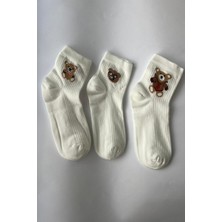 Kadın Beyaz Ayıcıklı Kolej Çorabı Teddy Bear Nakışlı Fitilli Pamuklu 3'lü Soket