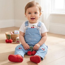 Asyaden Baby Kız Bebek 6-24 Ay Kiraz Nakışlı Denim Salopet Kısa Kollu Takım