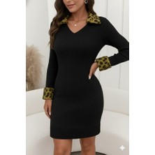 Modenya Kadın Uzun Kollu V Yakalı Kürk Detaylı Kaşkorse Elbise