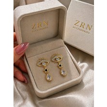 Zrn Accesories Küpe Gold Göz Figürlü Taşlı Sallantılı Küpe – Yıldız ve Damla Detaylı Şık Tasarım Trend 2,5 cm