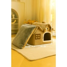 Cekar Store Villa Kedi Evi Peluş Kapalı Kedi Yatağı Minderli Katlanır (Camel)