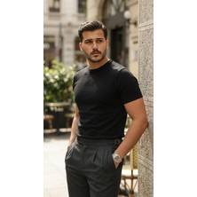 Modenya Erkek Basic Bisiklet Yaka Kısa Kollu Triko Tişört - %100 Pamuk Akrilik