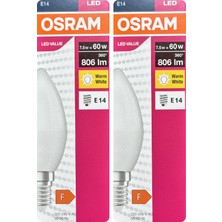 Avarson (2 Adet) Ledvance 7,5W Sarı Işık (2700K) E14 Duylu (Ince Duy) LED Ampul