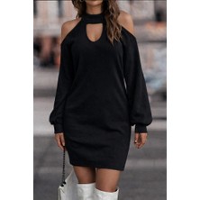 Modenya Kadın Uzun Kollu Omuzları Açık Boyundan Şerit Detay Kaşkorse Elbise