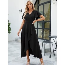 Modenya Kadın Kısa Kollu Kruvaze Yakalı Ön Asimetrik Volanlı Uzun Ithal Krep Elbise