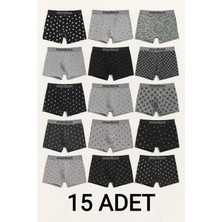 15 Adet Karma Desenli Pamuklu Likralı Erkek Boxer Seti | Nefes Alabilen, Esnek Bel Lastiği
