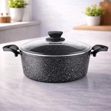 Lavonni Diez 22 cm Granit Derin Tencere Siyah Cam Kapaklı Yapışmaz