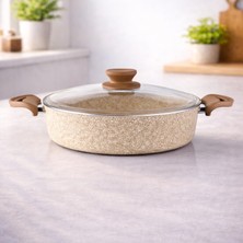 Lavonni Diez 28 Cm Granit Basık Tencere Cappucıno Yapışmaz Karnıyarık & Pilav Tenceresi Cam Kapaklı