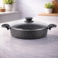 Lavonni Diez 32 Cm Granit Basık Tencere Siyah Yapışmaz Karnıyarık & Pilav Tenceresi Cam Kapaklı