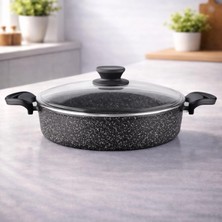 Lavonni Diez 24 Cm Granit Basık Tencere Siyah Yapışmaz Karnıyarık & Pilav Tenceresi Cam Kapaklı