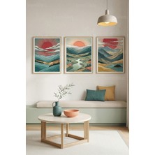 Tontilika Stilize Dağ, Vadi ve Gün Batımı Manzaralı 3’lü Ahşap Çerçeveli Tablo Seti