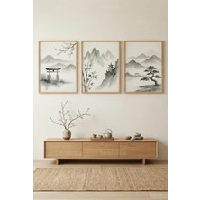 Tontilika Japon Minimalist Manzara 3’lü Ahşap Çerçeveli Tablo Seti