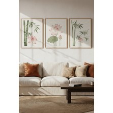 Tontilika Lotus Çiçeği ve Bambu 3’lü Modern Ahşap Çerçeveli Tablo Seti - Salon Dekoru