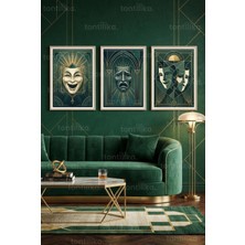 Tontilika Art Deco Zümrüt Yeşil Tiyatro Maskeleri 3’lü Ahşap Çerçeveli Tablo Seti