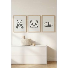 Tontilika Sevimli Panda 3’lü Ahşap Çerçeveli Tablo Seti - Çocuk Odası Minimal Duvar Dekoru
