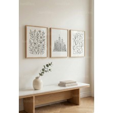 Tontilika Minimal Line Art Çiçek ve Şehir 3’lü Ahşap Çerçeveli Tablo Seti