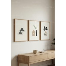 Tontilika Zen Sadelik 3’lü Ahşap Çerçeveli Tablo Seti - Japandi Minimal Duvar Dekoru