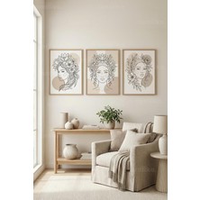 Tontilika Doğal Line Art Çiçekli Kadın Portreleri 3’lü Ahşap Çerçeveli Tablo Seti