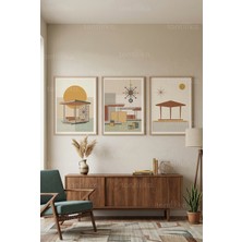 Tontilika Mid-Century Modern Soyut Geometrik Mimari 3’lü Ahşap Çerçeveli Tablo Seti