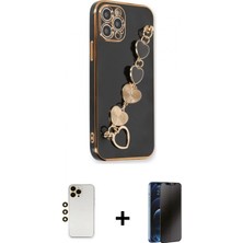 Marsilyan™- iPhone 12 Pro Max Kılıf Nova Işık Prime - Siyah 3D Antistatik Hayalet Cam Ekran Koruyucu + Gold Shine Kamera Lens
