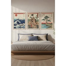 Tontilika Japon Ukiyo-E Klasik Sanat 3’lü Ahşap Çerçeveli Tablo Seti