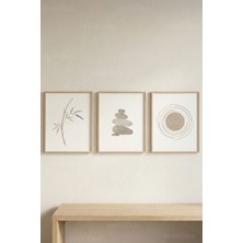 Tontilika Zen Botanik & Geometrik 3’lü Ahşap Çerçeveli Tablo Seti – Minimal Modern Duvar Dekoru