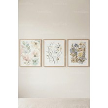 Tontilika Pastel Çiçekler Minimal 3’lü Ahşap Çerçeveli Tablo Seti