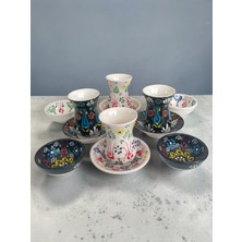 Artistic Quality Dekoratif 4 Kişilik Lale Çini Tasarımlı Tamamen El Yapımı Çay Bardağı Seti ve Çerezlik