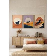 Tontilika Minimalist At ve Gün Batımı Manzarası 3’lü Ahşap Çerçeveli Tablo Seti