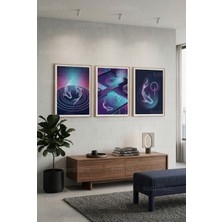 Tontilika Neo-Fütüristik Neon Balıklar ve Soyut Geometrik Desenler 3’lü Ahşap Çerçeveli Tablo Seti