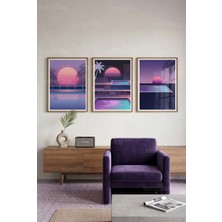 Tontilika Retrowave Neon Gün Batımı ve Havuz Manzaraları 3’lü Ahşap Çerçeveli Tablo Seti