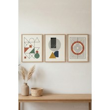 Tontilika Geometrik Denge 3’lü Ahşap Çerçeveli Tablo Seti – Modern Soyut Duvar Dekoru