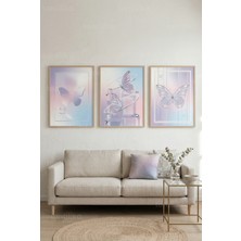 Tontilika Holografik Pastel Kelebekler ve Modern Soyut Dokunuşlar 3’lü Ahşap Çerçeveli Tablo Seti