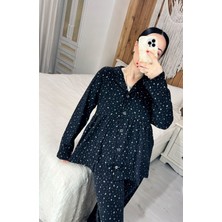Siyah Simli Ay Yıldız Desenli Mevsimlik Pamuk Kumaş Hamile Lohusa Pijama Takımı