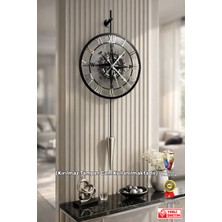 Wallover Design Vivens Pendulum Pusula Desenli Siyah/gümüş Sessiz Camlı Metal Duvar Saati - Dekoratif Duvar Saati - 33X85