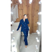 Lacivert Kalp Desenli Pamuk Kumaş Hamile Lohusa Pijama Takımı