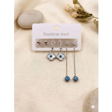 Nati Co Gümüş Renk 3'lü Çelik Küpe Kombini - Minimalist Nazar Boncuklu ve Yonca Figürlü Küpe Seti