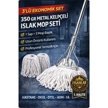 PremiumPort Çelik Kelepçeli 350 gr Islak Mop Seti, Profesyonel Temizlik Paspası (1 Sap + 3 Başlık)