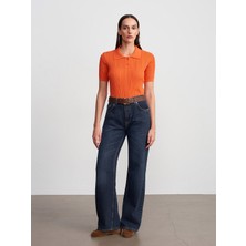 Dilvin 10781 Polo Yaka Ajurlu Triko Bluz-Oranj