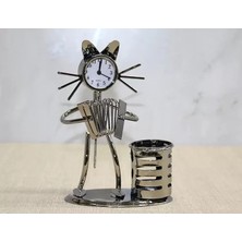 Nemere İthalat Metal Akordiyon Çalan Müzisyen Kedi Saat ve Kalemlik Nemere Ithalat