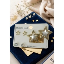 Nati Co Gold Çelik Küpe Kombini - 3 Çift Yıldız Temalı ve Işıltılı Antialerjik Küpe Seti